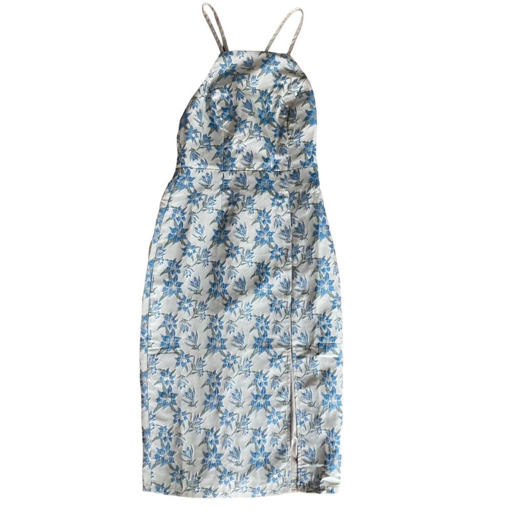 Lulus Size XS Blue Floral Satin Dress High Neck Strappy Back NWOT Flaw